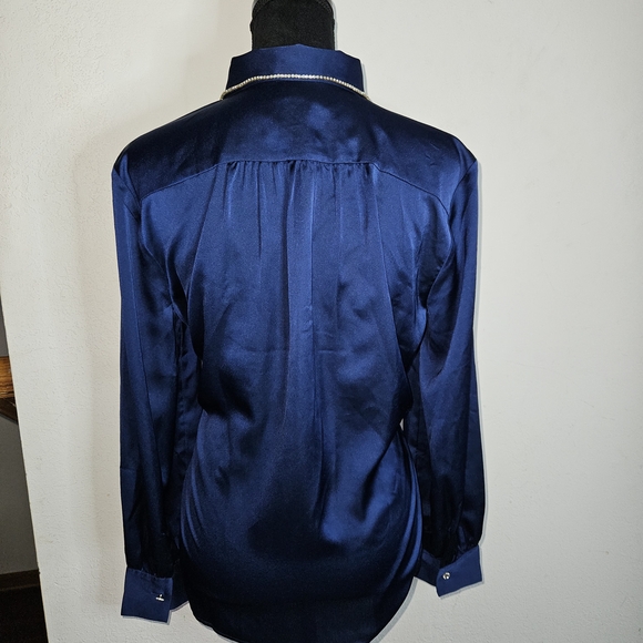 Ann Taylor Navy Satin Button-Down Blouse with Contrast Trim - Picture 4 of 7